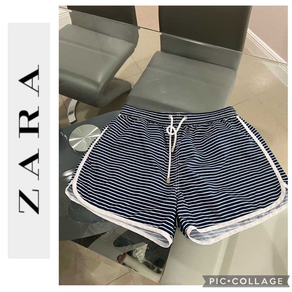 Zara Navy and White Striped Men’s Swim Trunks
